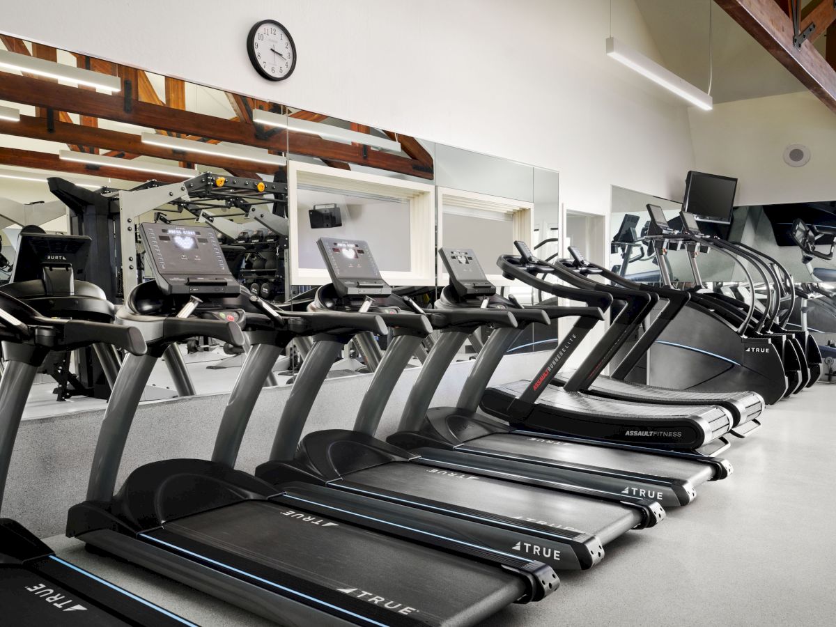 The image shows a gym with several treadmills lined up in front of large mirrors and additional workout equipment in the background.